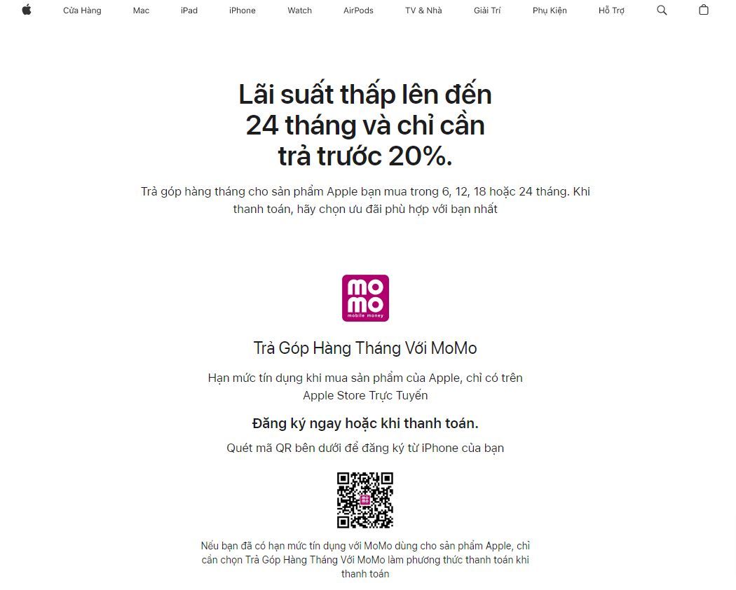 MoMo là phương thức thanh toán chính thức tại Apple Store trực tuyến