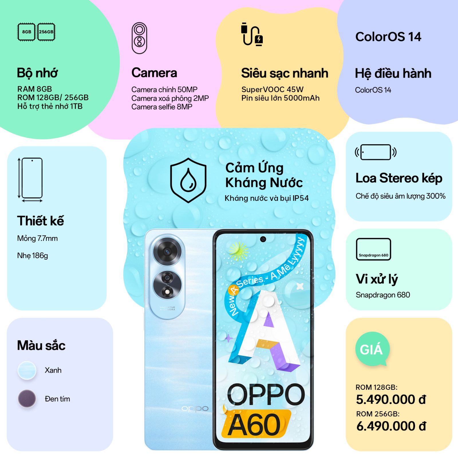 OPPO A60 ra mắt: sạc nhanh, pin lớn, cảm ứng kháng nước