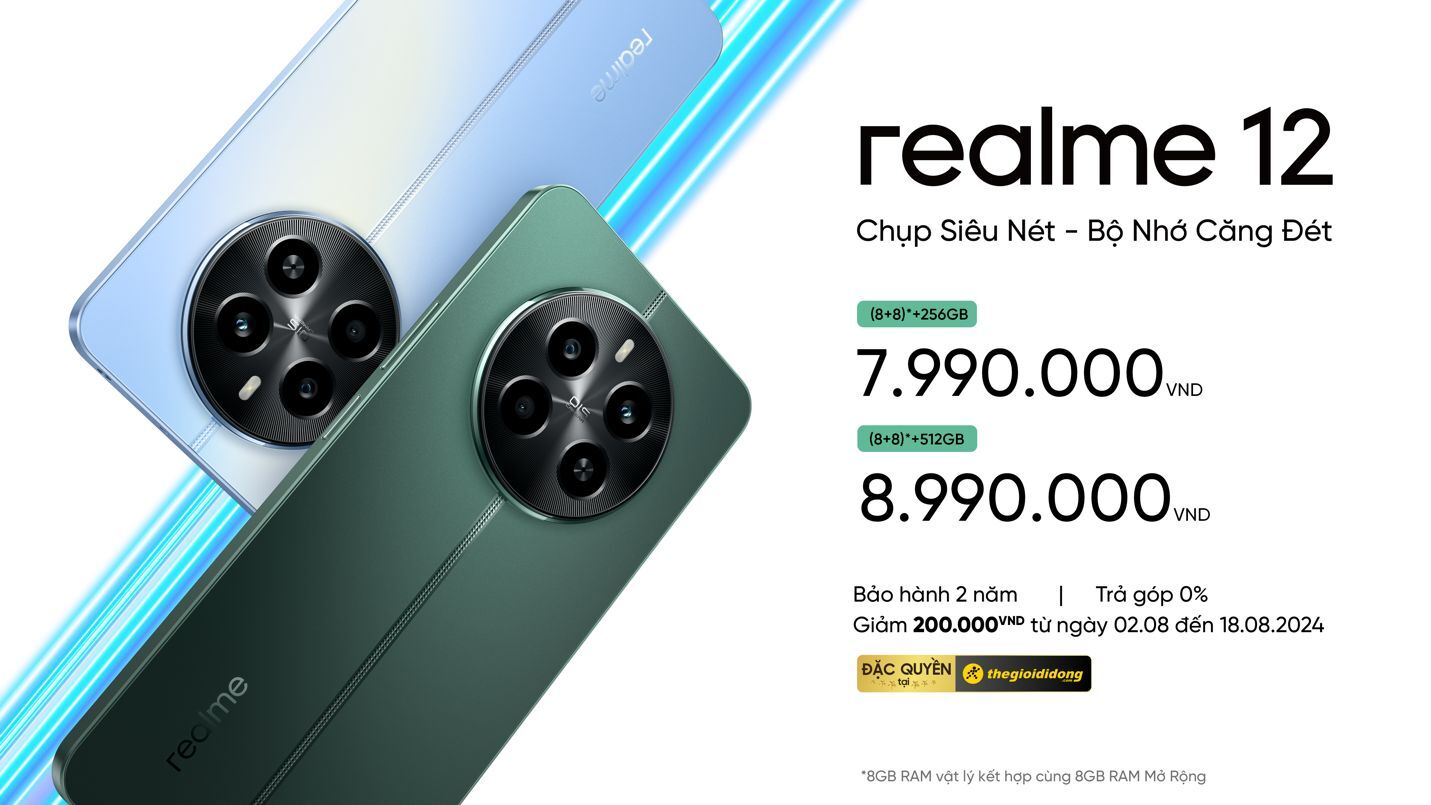 Ra mắt 'át chủ bài' tầm trung realme 12: cảm biến Sony LYT- 600 OIS, bộ nhớ 512GB