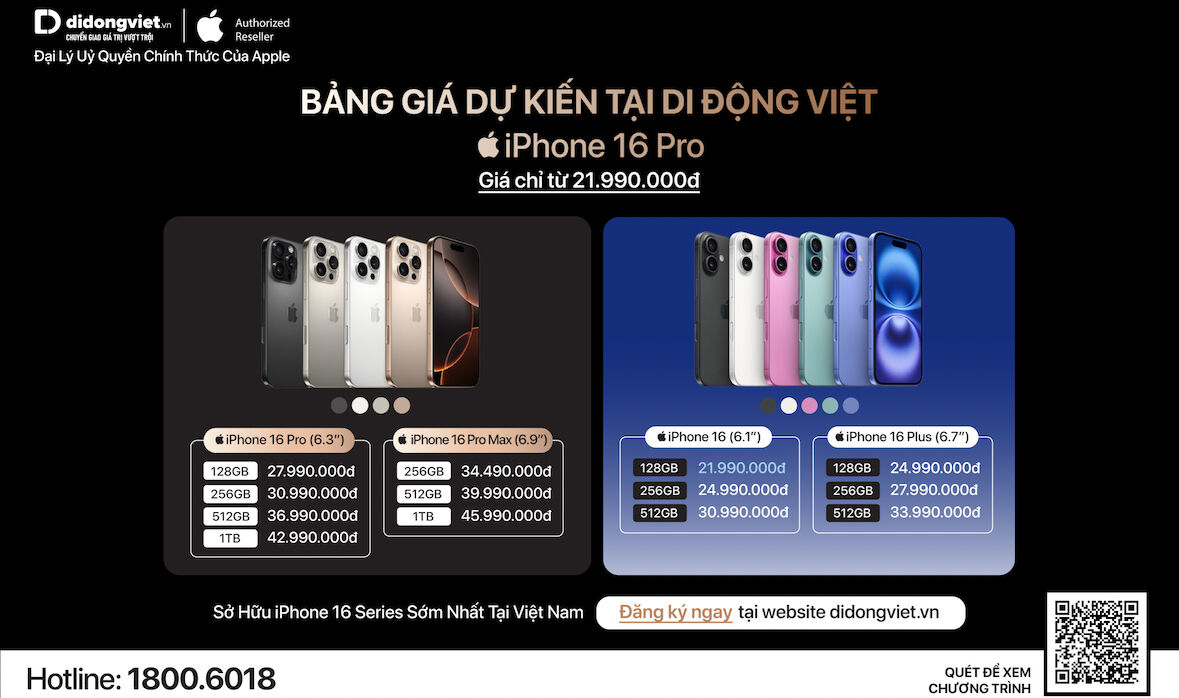 Di Động Việt chính thức mở đăng ký nhận thông tin iPhone 16 series, giá bán dự kiến từ 21,99 triệu đồng