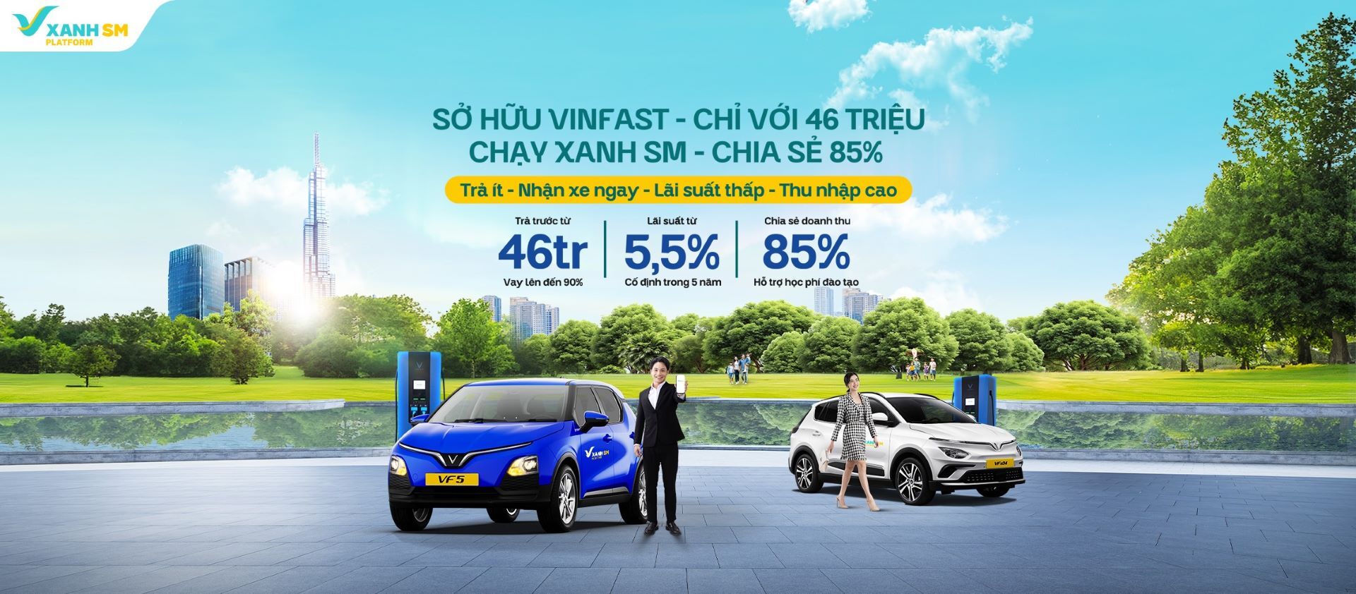 46 triệu đồng sở hữu xe VinFast, lãi suất cố định 5,5% trong 5 năm, nhận ngay 85% chia sẻ doanh số trên Xanh SM Platform