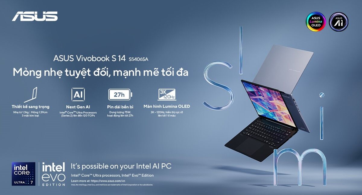 ASUS giới thiệu laptop AI Vivobook S 14 mới: mỏng nhẹ mạnh mẽ với bộ xử lý Intel Core Ultra Series 2